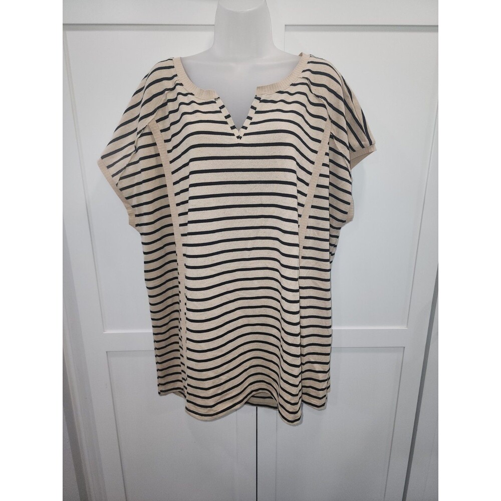 New Cato Top size 26/28W Black Brown Striped Stretch Short Sleeve Preppy Office